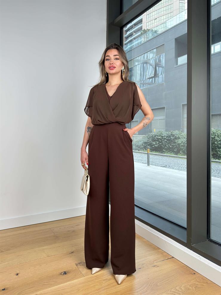 Kruvaze Yaka Bol Paça Lisamo Kahve Kadın Tulum 25Y056