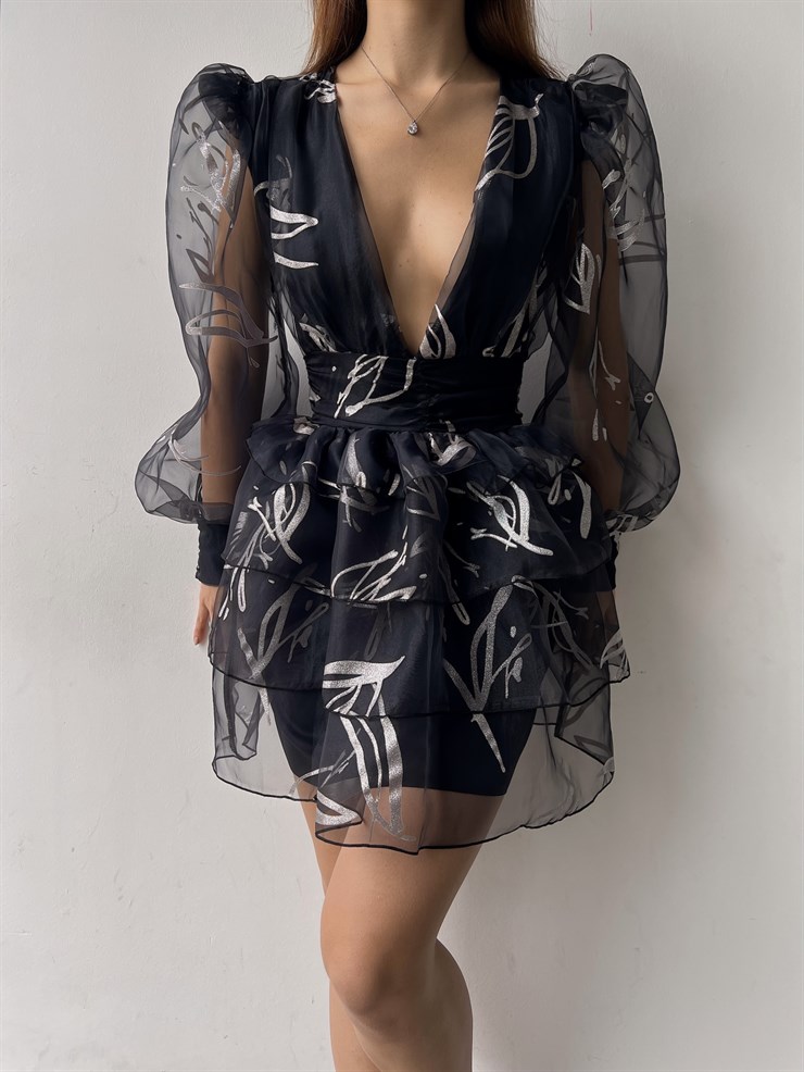 Eteği Fırfırlı Derin V Yaka Uzun Tül Kol Liva Kadın Siyah Elbise 23K000315