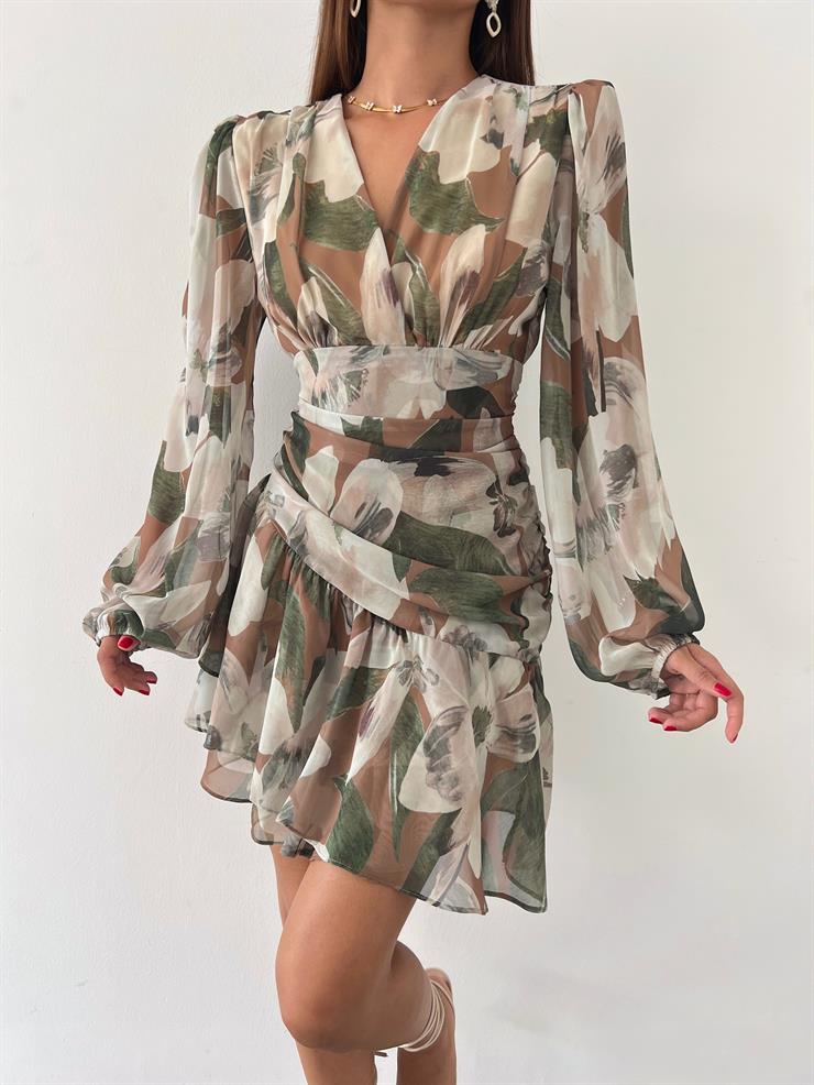 V Yaka Bel Kısmı Drape Detaylı Livan Kadın Haki Mini Elbise 23Y000619