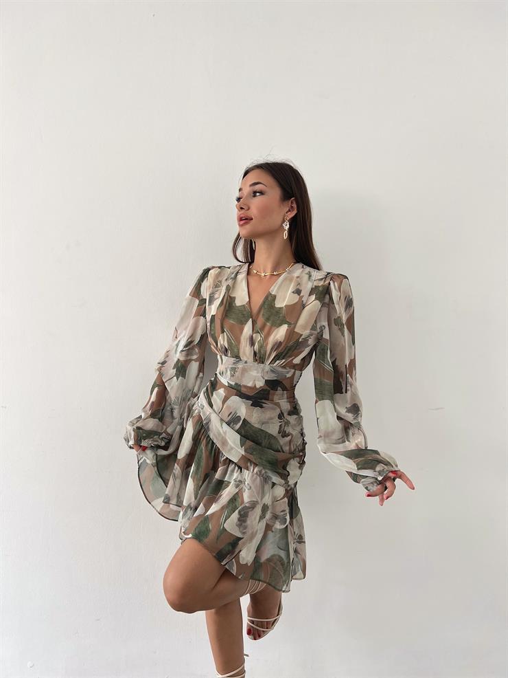 V Yaka Bel Kısmı Drape Detaylı Livan Kadın Haki Mini Elbise 23Y000619