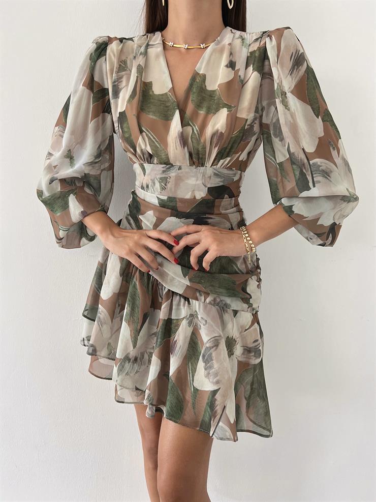 V Yaka Bel Kısmı Drape Detaylı Livan Kadın Haki Mini Elbise 23Y000619