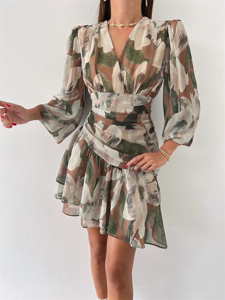 V Yaka Bel Kısmı Drape Detaylı Livan Kadın Haki Mini Elbise 23Y000619