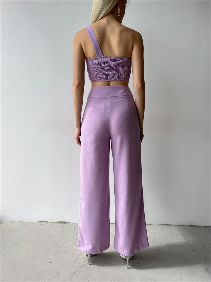 Tek Omuz Crop Yüksek Bel Pensli Pantolon Lıvey Kadın Lila Keten Takım 23Y000260