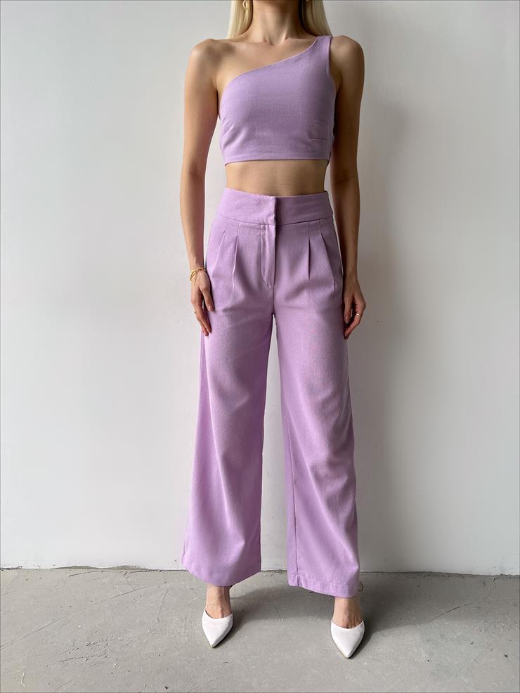 Tek Omuz Crop Yüksek Bel Pensli Pantolon Lıvey Kadın Lila Keten Takım 23Y000260