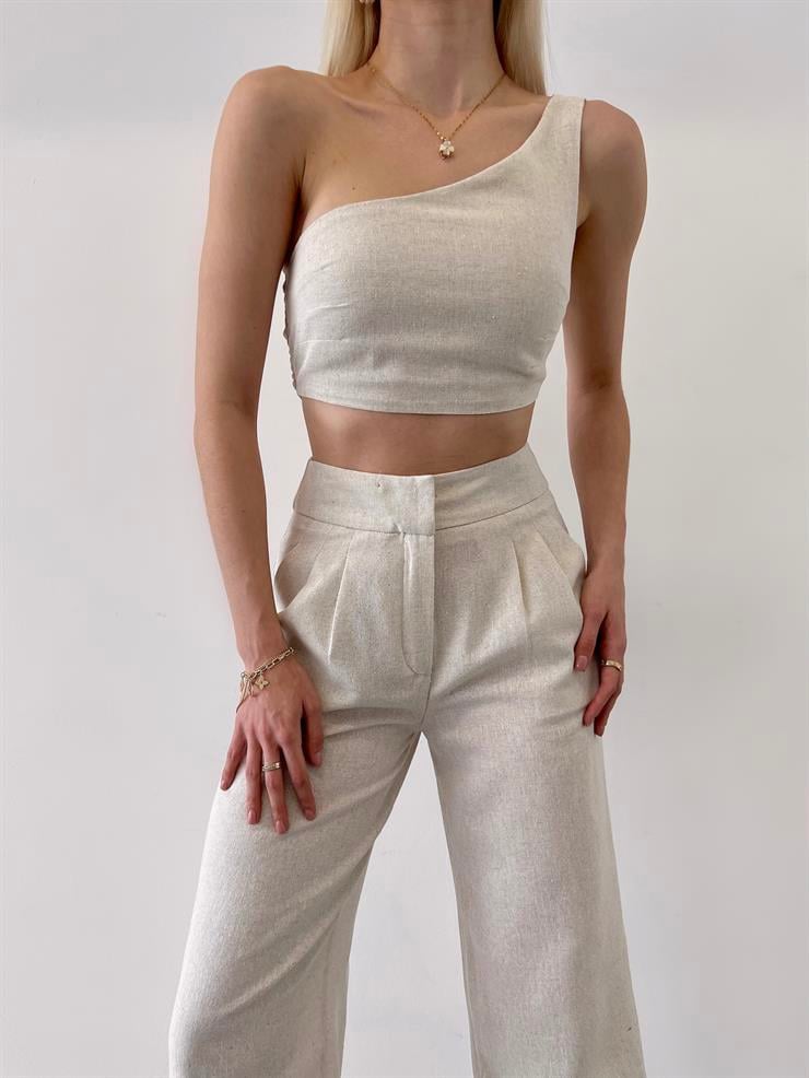 Tek Omuz Crop Yüksek Bel Pensli Pantolon Lıvey Kadın Taş Keten Takım 23Y000260