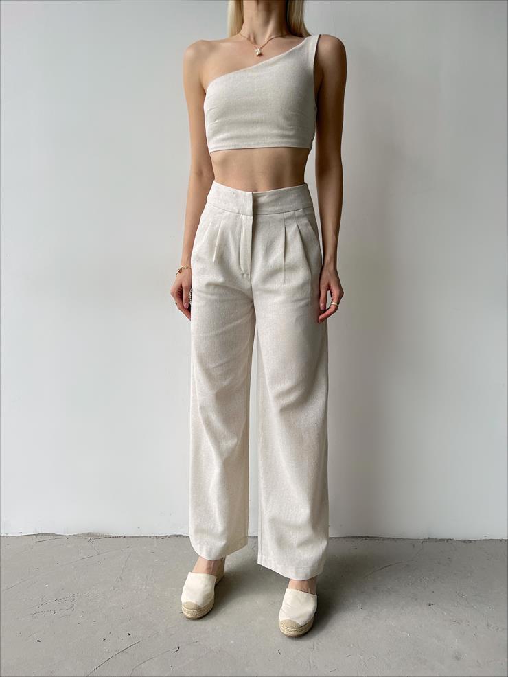 Tek Omuz Crop Yüksek Bel Pensli Pantolon Lıvey Kadın Taş Keten Takım 23Y000260