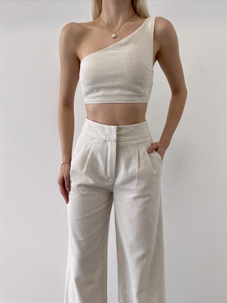 Tek Omuz Crop Yüksek Bel Pensli Pantolon Lıvey Kadın Taş Keten Takım 23Y000260