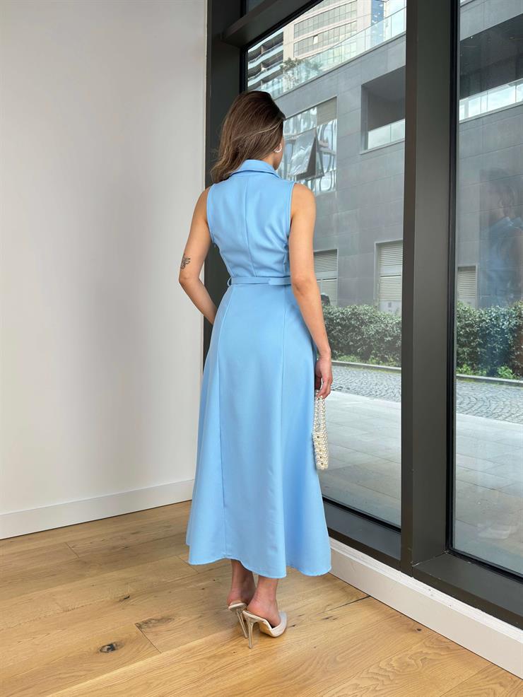 İnci Detaylı Beli Kemerli Livin Bebe Mavisi Kadın Elbise 25Y204