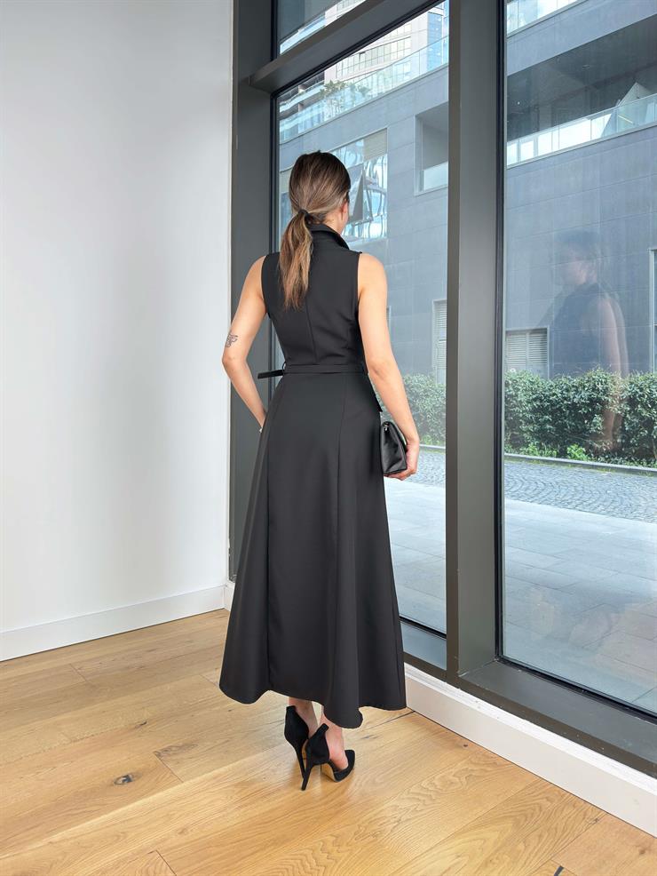 İnci Detaylı Beli Kemerli Livin Siyah Kadın Elbise 25Y204