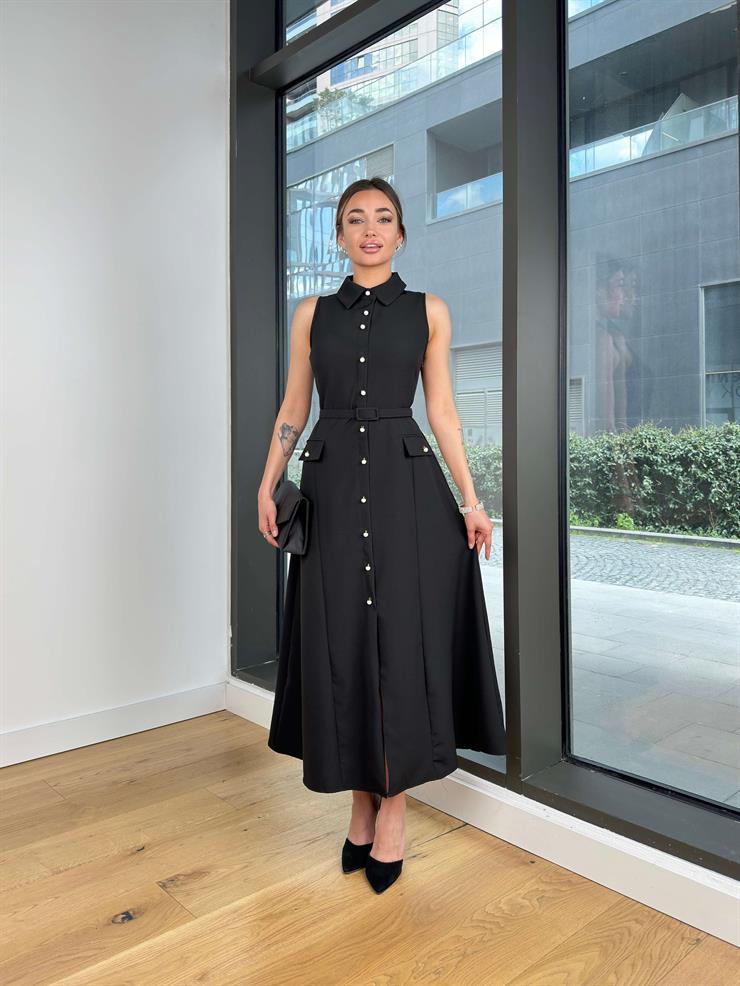 İnci Detaylı Beli Kemerli Livin Siyah Kadın Elbise 25Y204