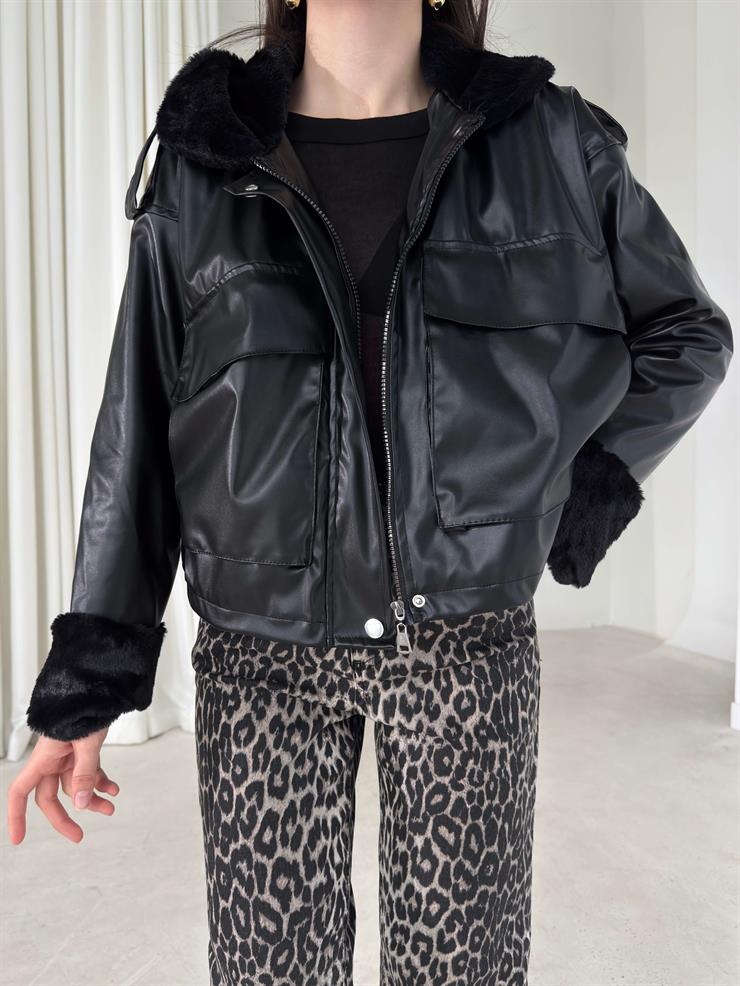 Cepli Kolları Yakası Tüylü Liwren Siyah Kadın Deri Mont 26K390