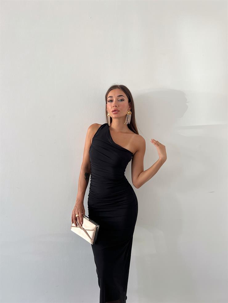 Tek Omuz Drape Detaylı Almeida Kadın Siyah Midi Elbise 23Y000612