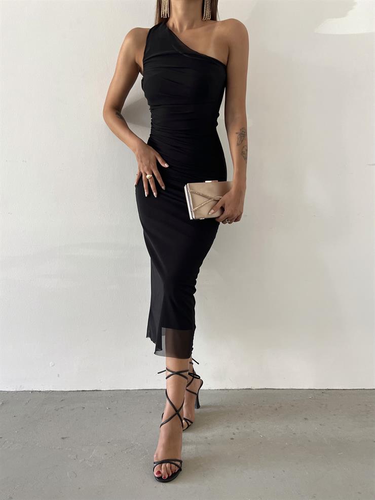 Tek Omuz Drape Detaylı Almeida Kadın Siyah Midi Elbise 23Y000612