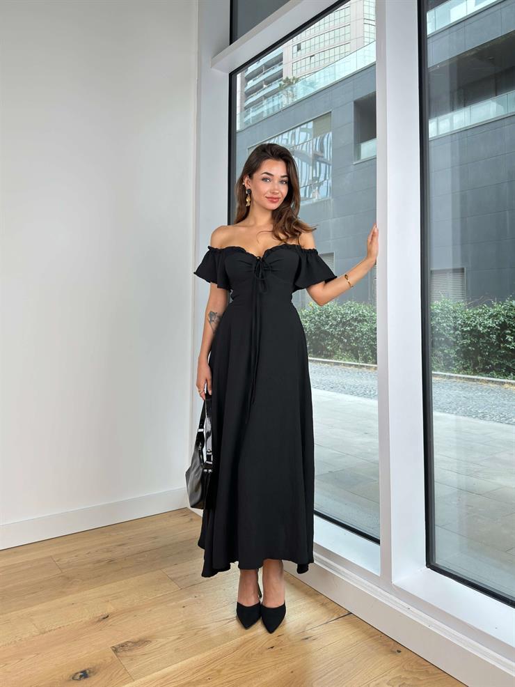 Madonna Yaka Göğüs Kısmı Büzgülü Ve Bağlama Detaylı Loden Kadın Siyah Uzun Elbise 24Y820