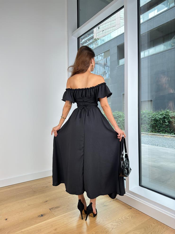 Madonna Yaka Göğüs Kısmı Büzgülü Ve Bağlama Detaylı Loden Kadın Siyah Uzun Elbise 24Y820