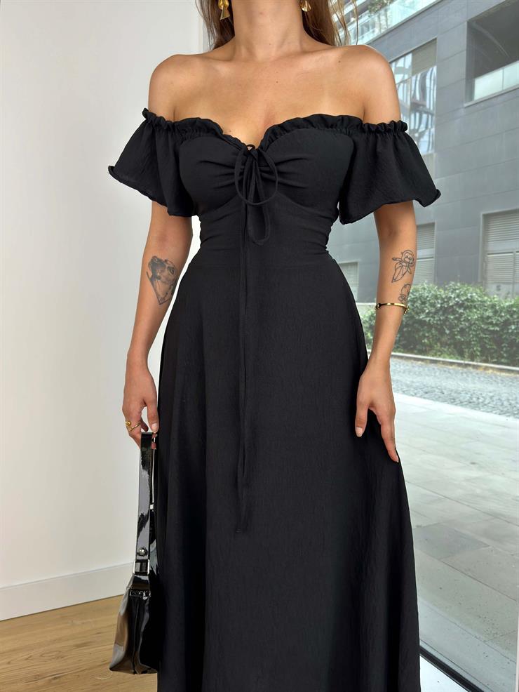 Madonna Yaka Göğüs Kısmı Büzgülü Ve Bağlama Detaylı Loden Kadın Siyah Uzun Elbise 24Y820