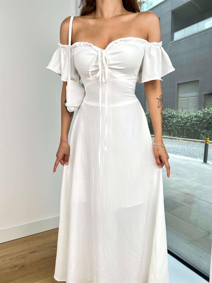 Madonna Yaka Göğüs Kısmı Büzgülü Ve Bağlama Detaylı Loden Kadın Ekru Uzun Elbise 24Y820