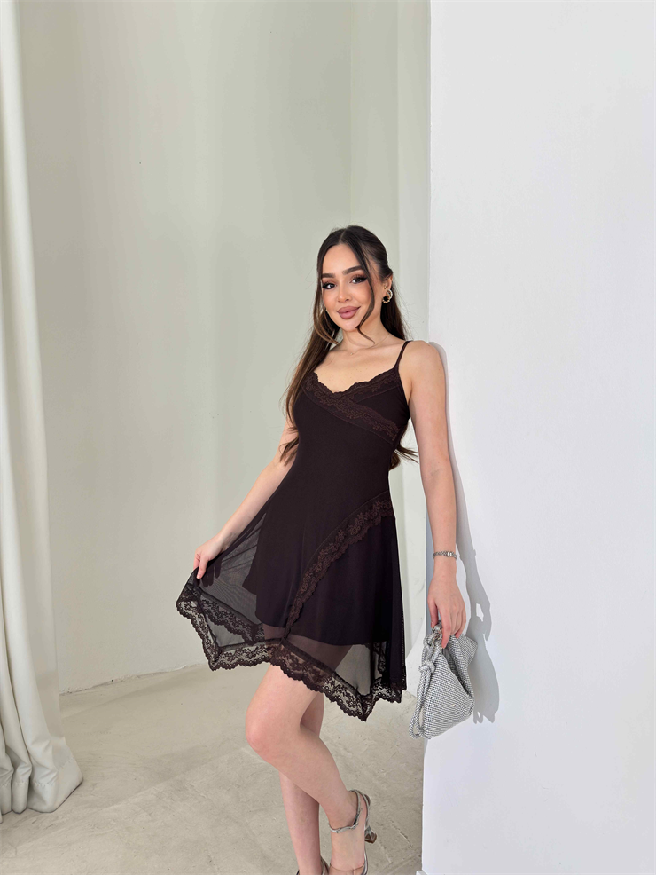 Kenarları Dantelli Tül Askılı Asimetrik Kesim Lokver Kahve Kadın Elbise 26Y075