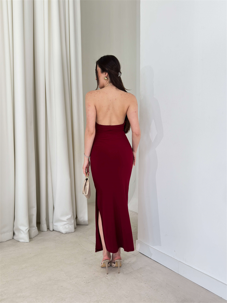 Boyundan Aksesuarlı Yandan Yırtmaçlı V Yaka Lonerme Bordo Kadın Elbise 26Y119