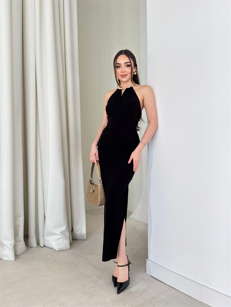 Boyundan Aksesuarlı Yandan Yırtmaçlı V Yaka Lonerme Siyah Kadın Elbise 26Y119