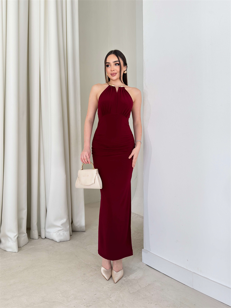 Boyundan Aksesuarlı Yandan Yırtmaçlı V Yaka Lonerme Bordo Kadın Elbise 26Y119