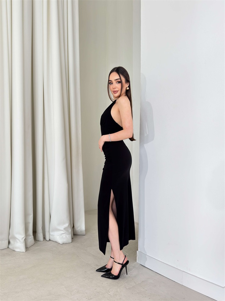 Boyundan Aksesuarlı Yandan Yırtmaçlı V Yaka Lonerme Siyah Kadın Elbise 26Y119