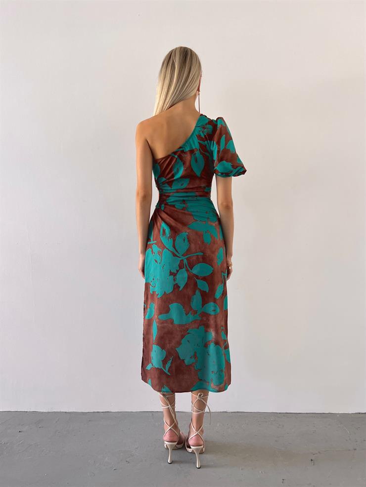 Tek Balon Kollu Beli Pencere Detaylı Loni Kadın Yeşil Çiçekli Midi Elbise 23Y000570