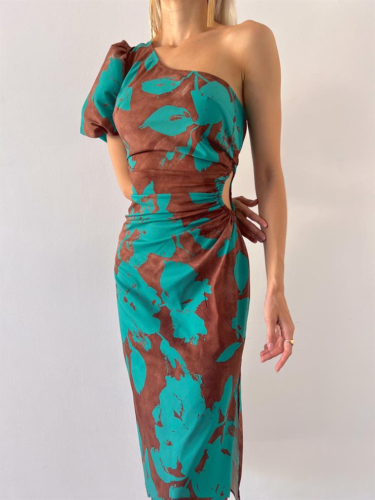 Tek Balon Kollu Beli Pencere Detaylı Loni Kadın Yeşil Çiçekli Midi Elbise 23Y000570