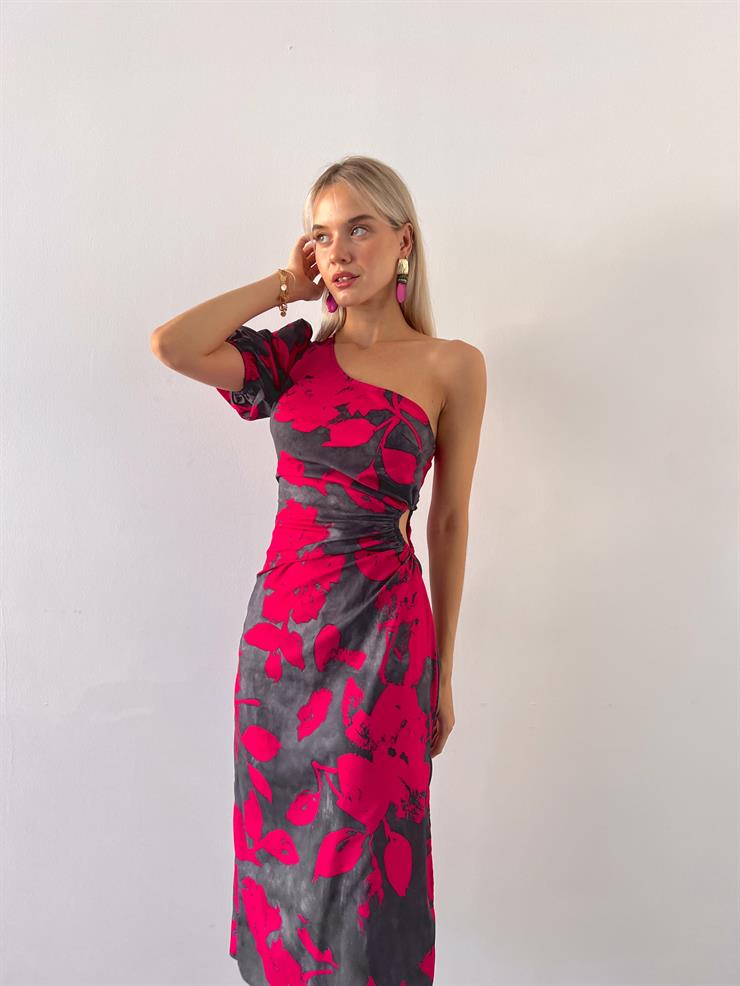 Tek Balon Kollu Beli Pencere Detaylı Loni Kadın Fuşya Çiçekli Midi Elbise 23Y000570