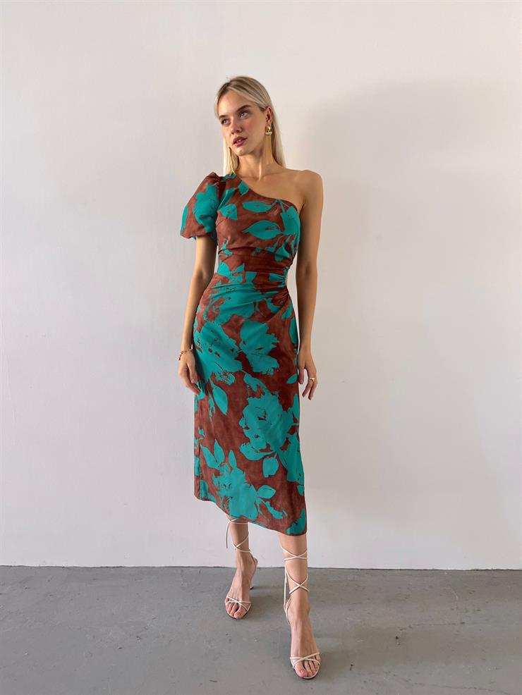 Tek Balon Kollu Beli Pencere Detaylı Loni Kadın Yeşil Çiçekli Midi Elbise 23Y000570