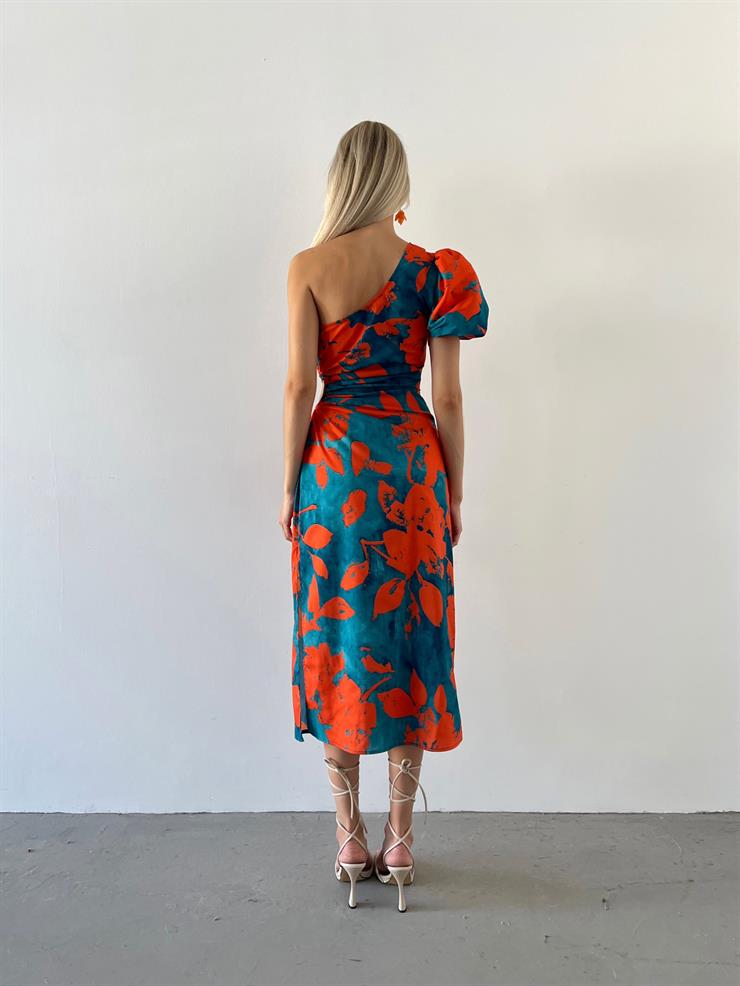 Tek Balon Kollu Beli Pencere Detaylı Loni Kadın Oranj Çiçekli Midi Elbise 23Y000570