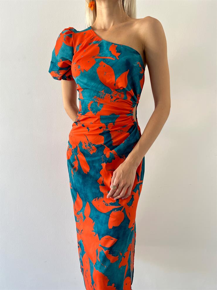 Tek Balon Kollu Beli Pencere Detaylı Loni Kadın Oranj Çiçekli Midi Elbise 23Y000570