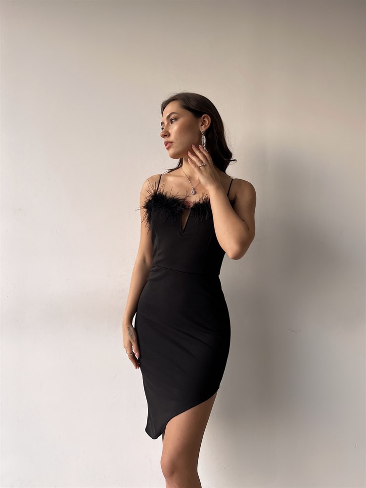 İnce Askılı Önü Tüy Detay Asimetrik Kesim Lora Kadın Siyah Elbise 23K000394