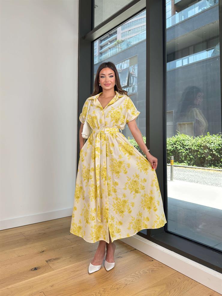 Kısa Kol Düğme Kapamalı Beli Kemerli Lorca Sarı Kadın Elbise 25Y447