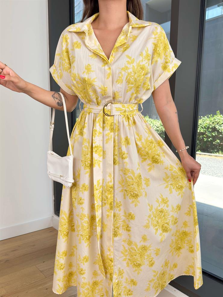 Kısa Kol Düğme Kapamalı Beli Kemerli Lorca Sarı Kadın Elbise 25Y447