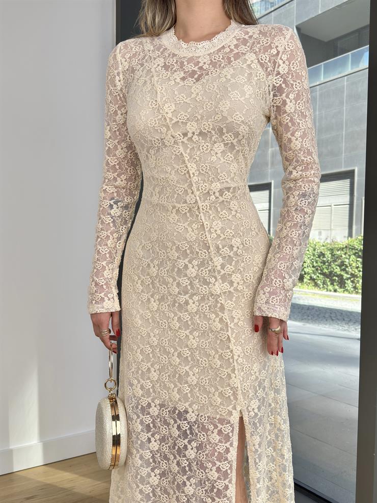 Yuvarlak Yaka Uzun Kol Dantelli Loss Taş Kadın Elbise 25Y119