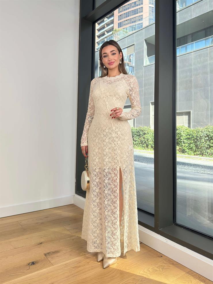 Yuvarlak Yaka Uzun Kol Dantelli Loss Taş Kadın Elbise 25Y119