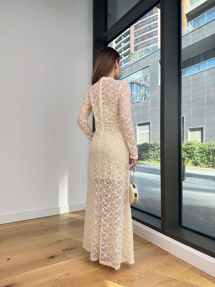 Yuvarlak Yaka Uzun Kol Dantelli Loss Taş Kadın Elbise 25Y119