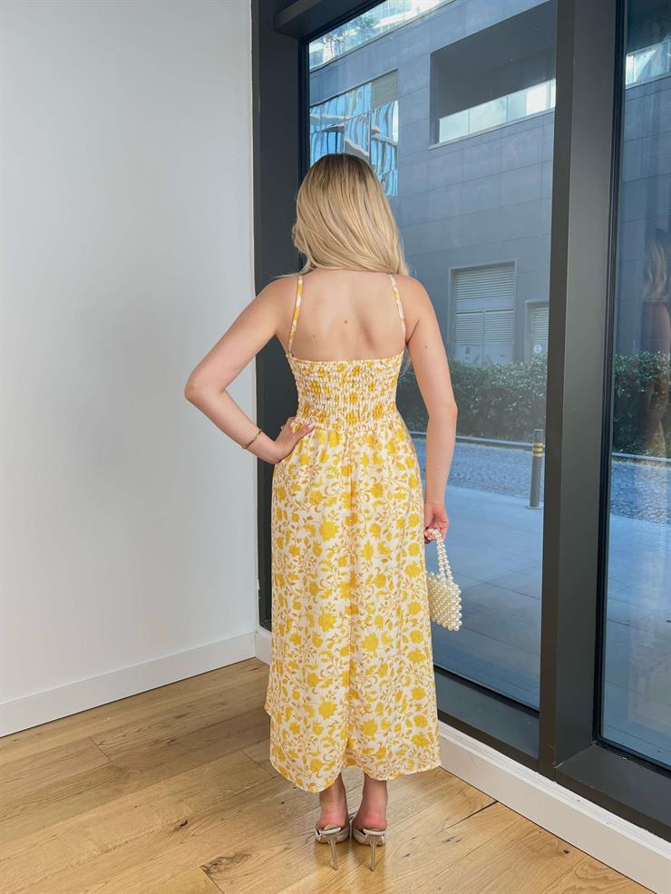 Askılı Belden Oturtmalı Lostden Sarı Çiçekli Kadın Elbise 25Y525