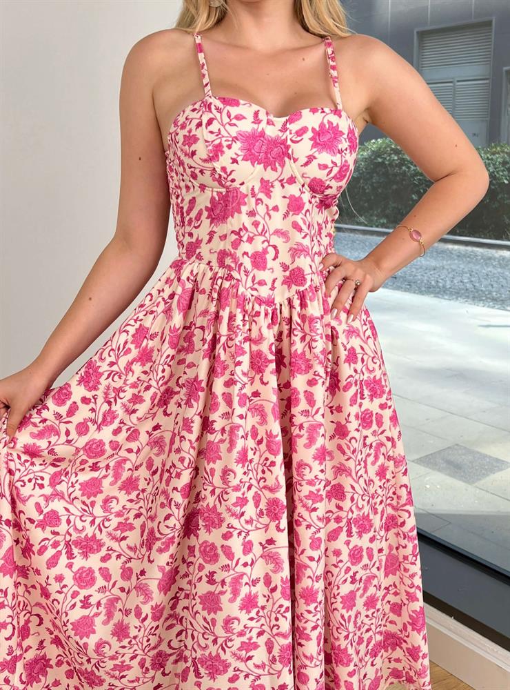 Askılı Belden Oturtmalı Lostden Pembe Çiçekli Kadın Elbise 25Y525