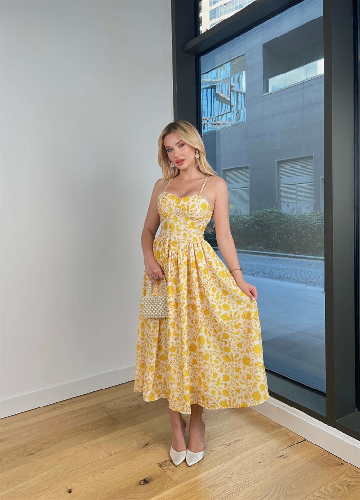 Askılı Belden Oturtmalı Lostden Sarı Çiçekli Kadın Elbise 25Y525