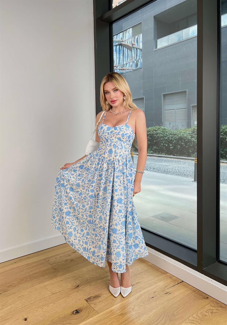 Askılı Belden Oturtmalı Lostden Mavi Çiçekli Kadın Elbise 25Y525