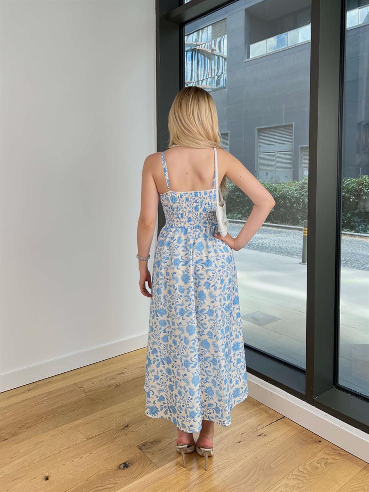 Askılı Belden Oturtmalı Lostden Mavi Çiçekli Kadın Elbise 25Y525