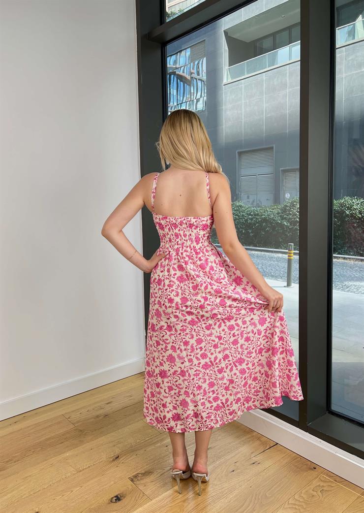 Askılı Belden Oturtmalı Lostden Pembe Çiçekli Kadın Elbise 25Y525