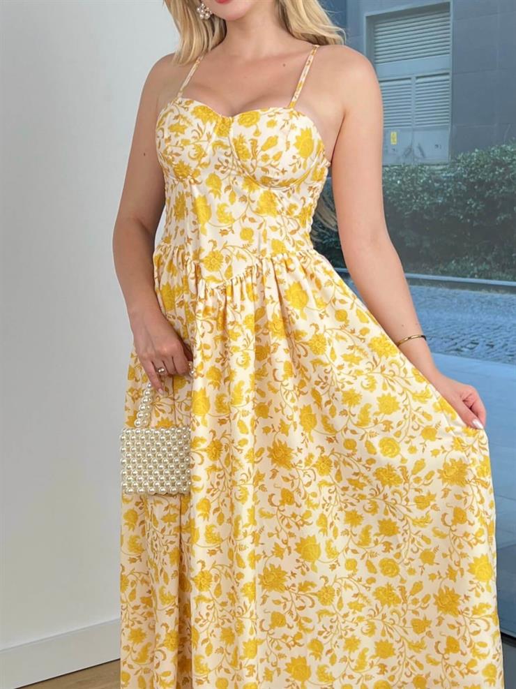 Askılı Belden Oturtmalı Lostden Sarı Çiçekli Kadın Elbise 25Y525