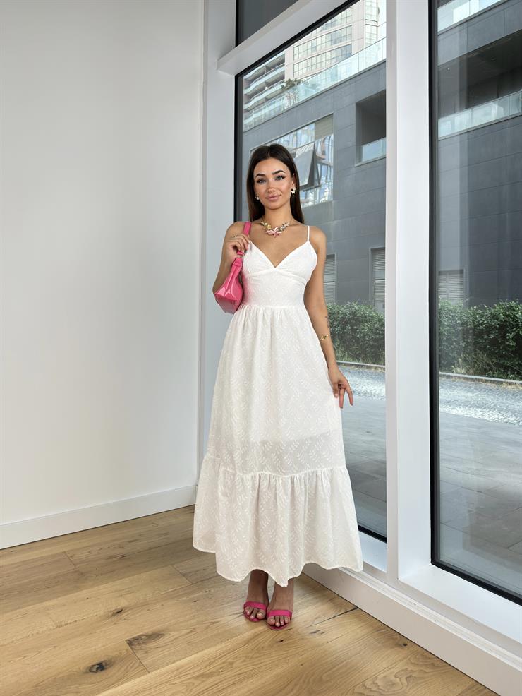 V Yaka İnce Askılı Korse Görünümlü Lotta Kadın Ekru Elbise 24Y757