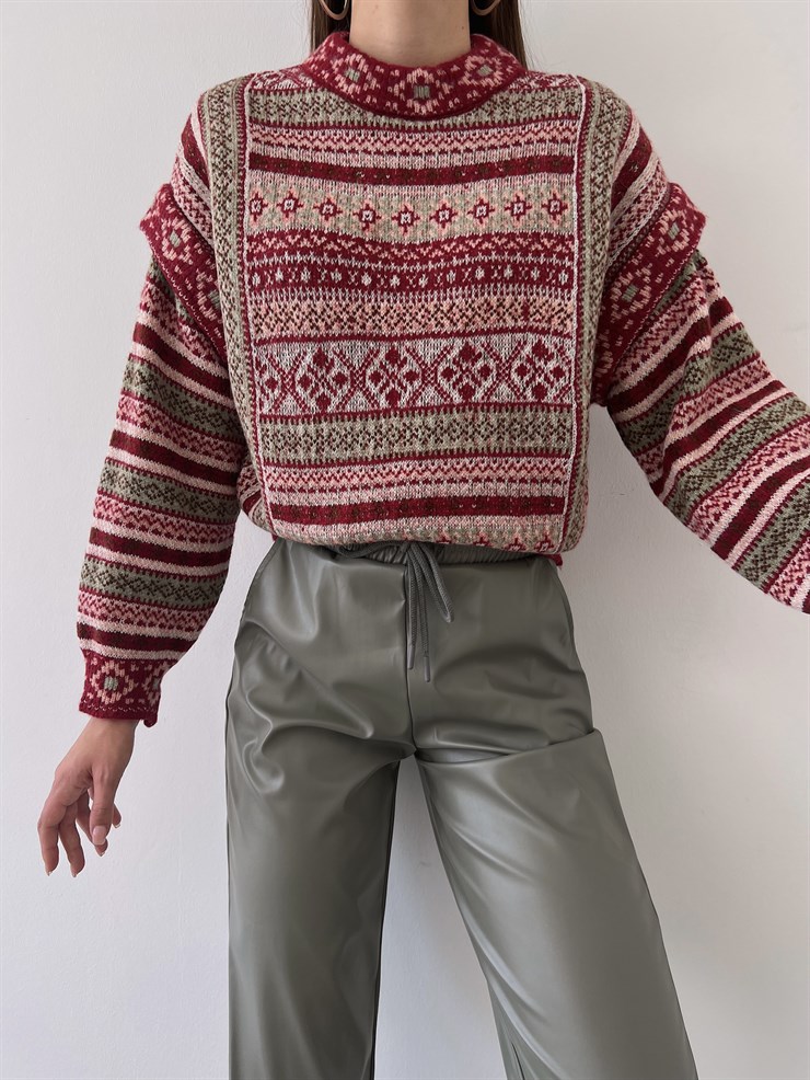 Desenli Kol Detaylı Lotus Kadın Bordo Kazak 23K000258