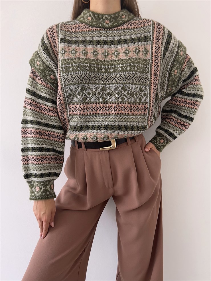 Desenli Kol Detaylı Lotus Kadın Haki Kazak 23K000258