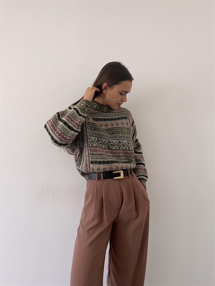 Desenli Kol Detaylı Lotus Kadın Haki Kazak 23K000258