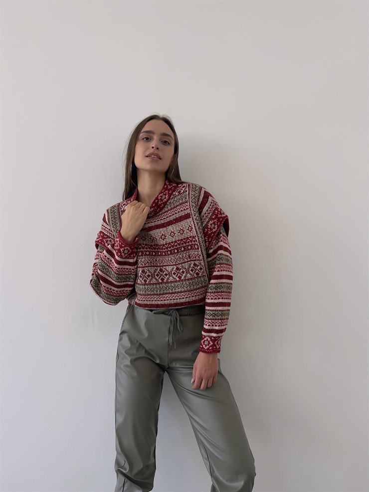 Desenli Kol Detaylı Lotus Kadın Bordo Kazak 23K000258